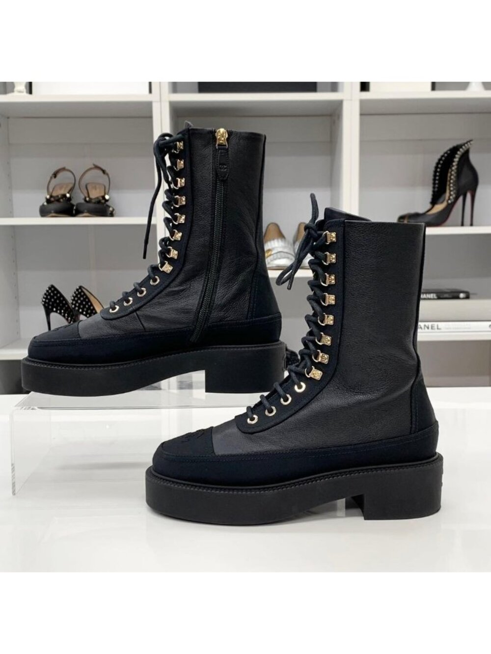 Chanel Calfskin Coco Mark Lace Up Short Boots Black - Picture 3 of 11